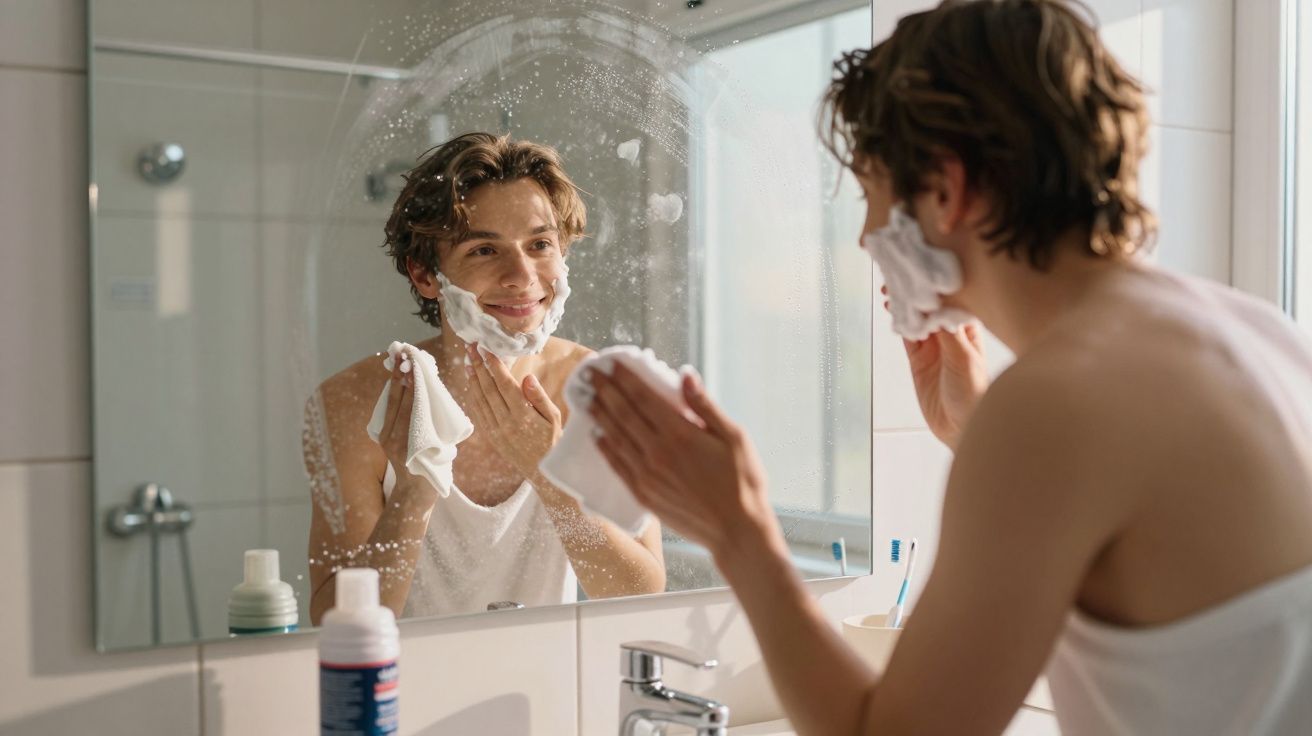Young man smiling while applying shaving foam in front of a bathroom mirror