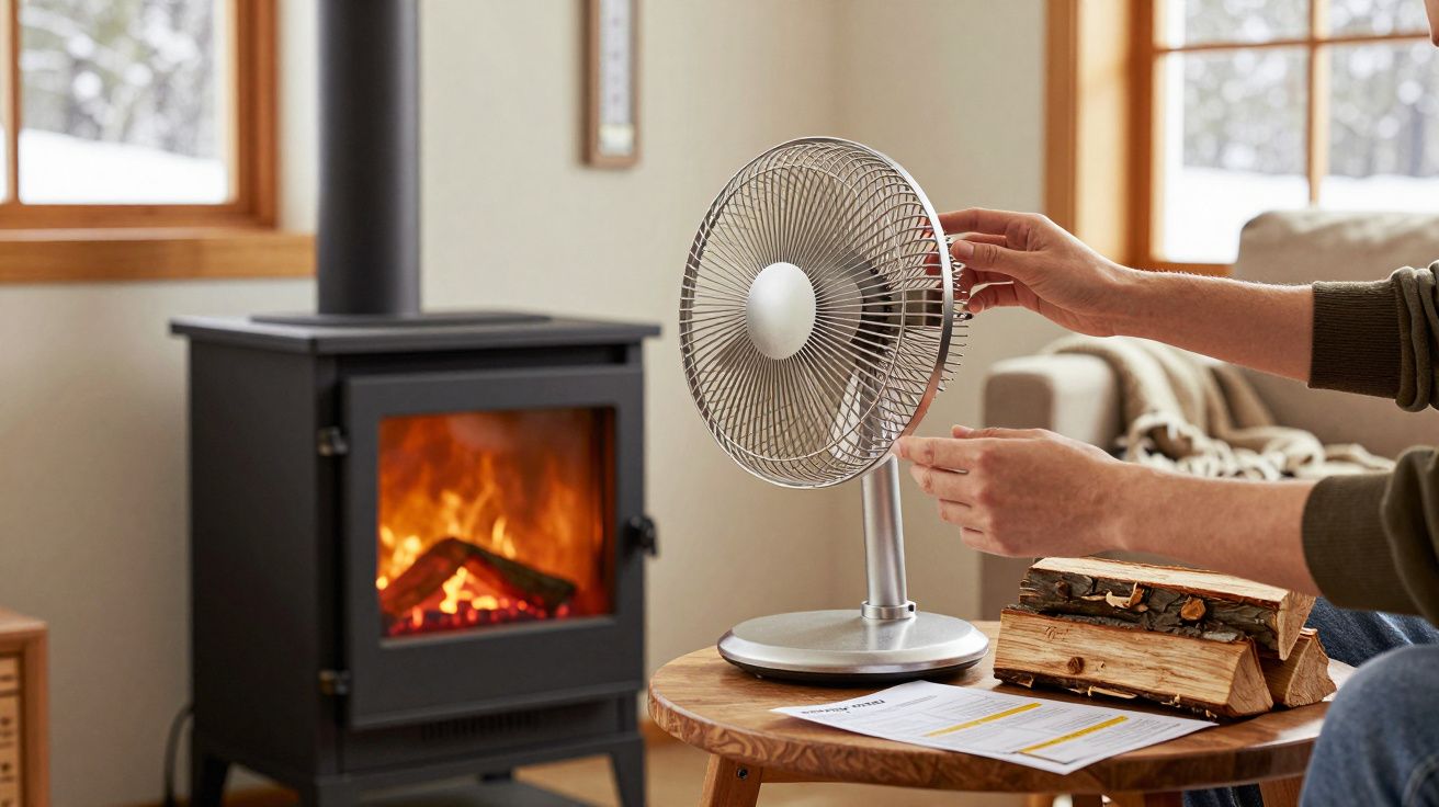 Person adjusting a small electric fan on a wooden table near a burning wood stove in a cosy room.