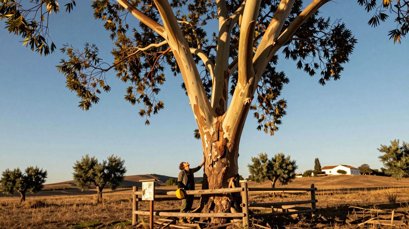 Person standing next to a large eucalyptus tree in a fenced area in a rural landscape under a clear blue sky.