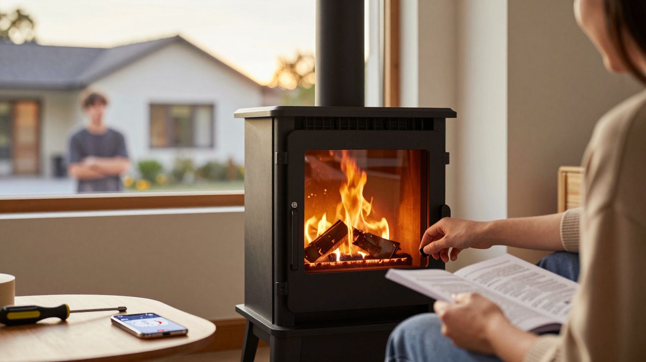 Person reading a book by a lit wood-burning stove indoors with a person standing outside a window.