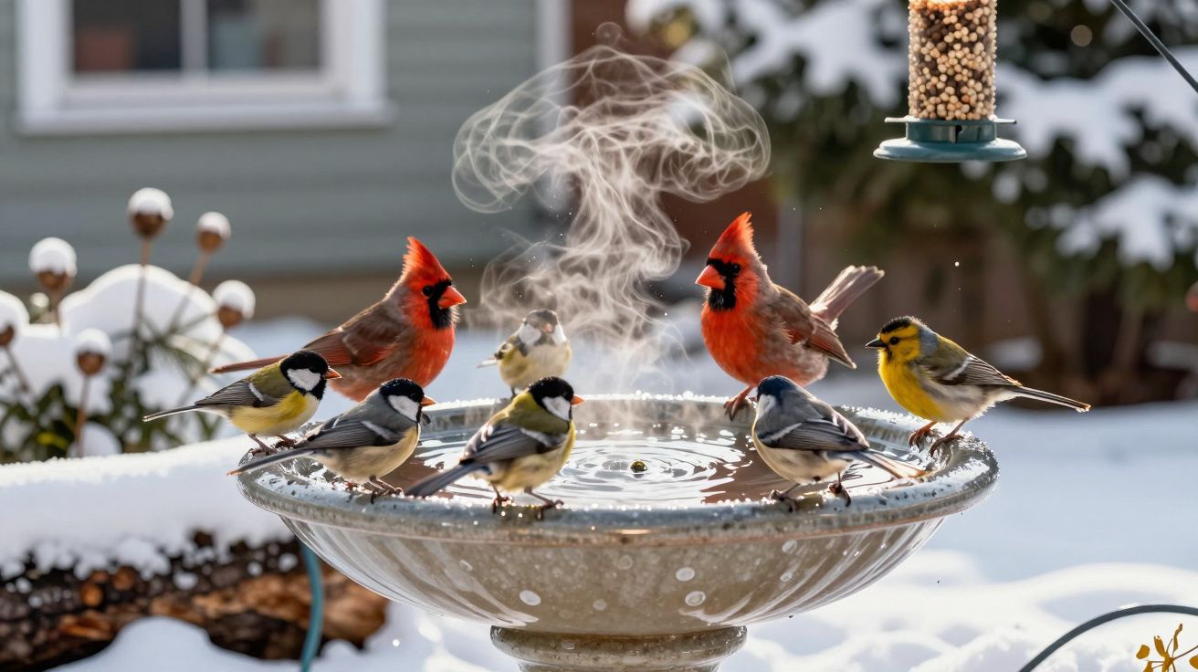 Various small birds including cardinals and finches gathered around a steaming birdbath in snowy garden.