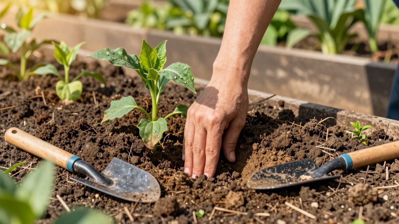 Hand planting young green seedlings in soil with two small garden trowels on either side.
