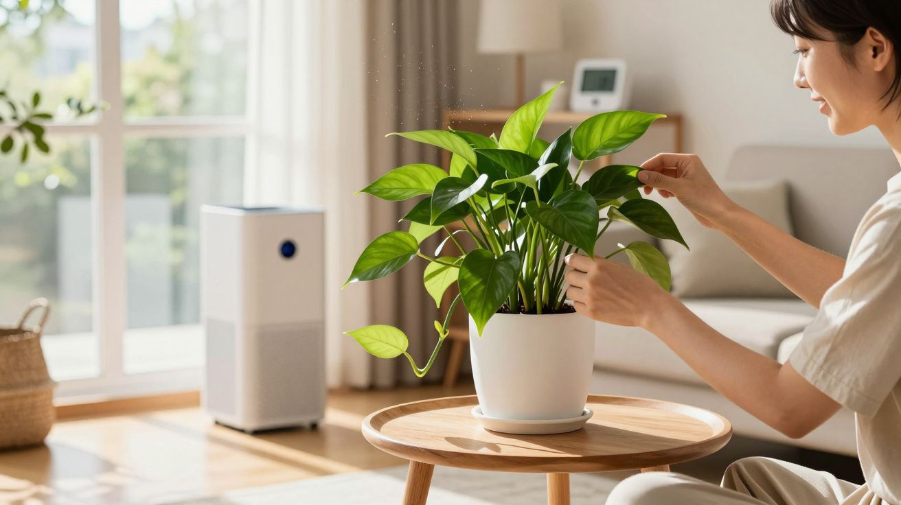 Woman tending to a green potted plant on a wooden table in a bright, modern living room.
