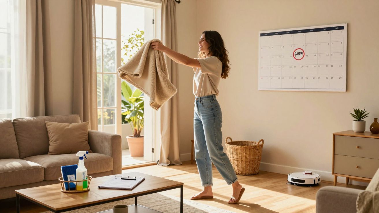 Woman folding a blanket in a sunlit living room with a sofa, calendar, and robot vacuum cleaner.