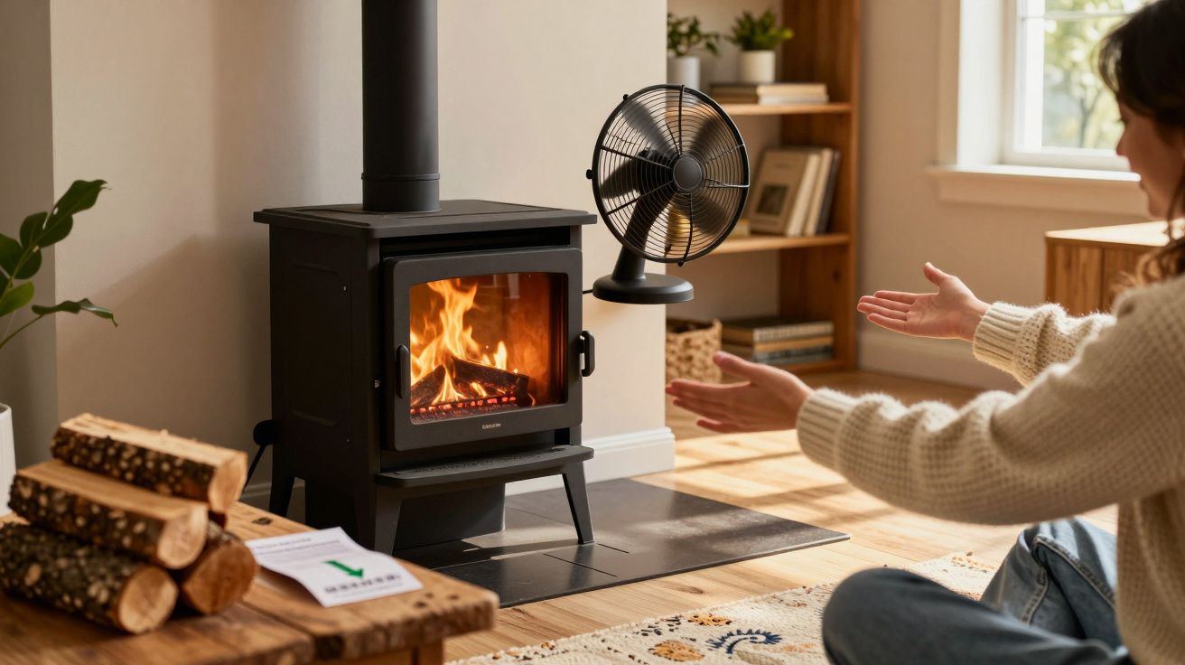 Person warming hands by a lit black wood stove in a cosy living room with logs and a fan nearby.