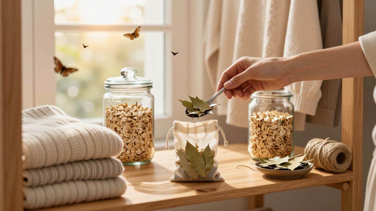 Hand placing dried bay leaves with a spoon into a small cloth bag on a wooden shelf with jars and folded towels.