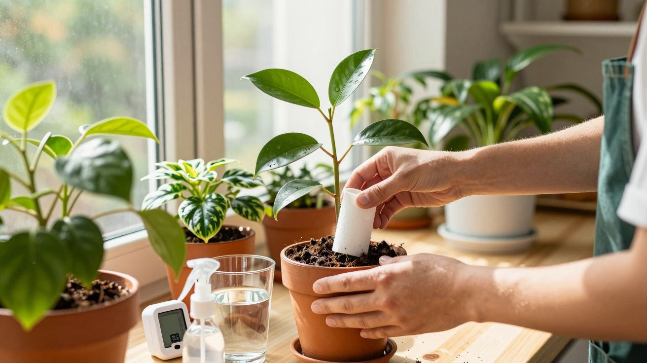 Hands planting a small green plant in a terracotta pot on a wooden table by a window with other potted plants nearby.