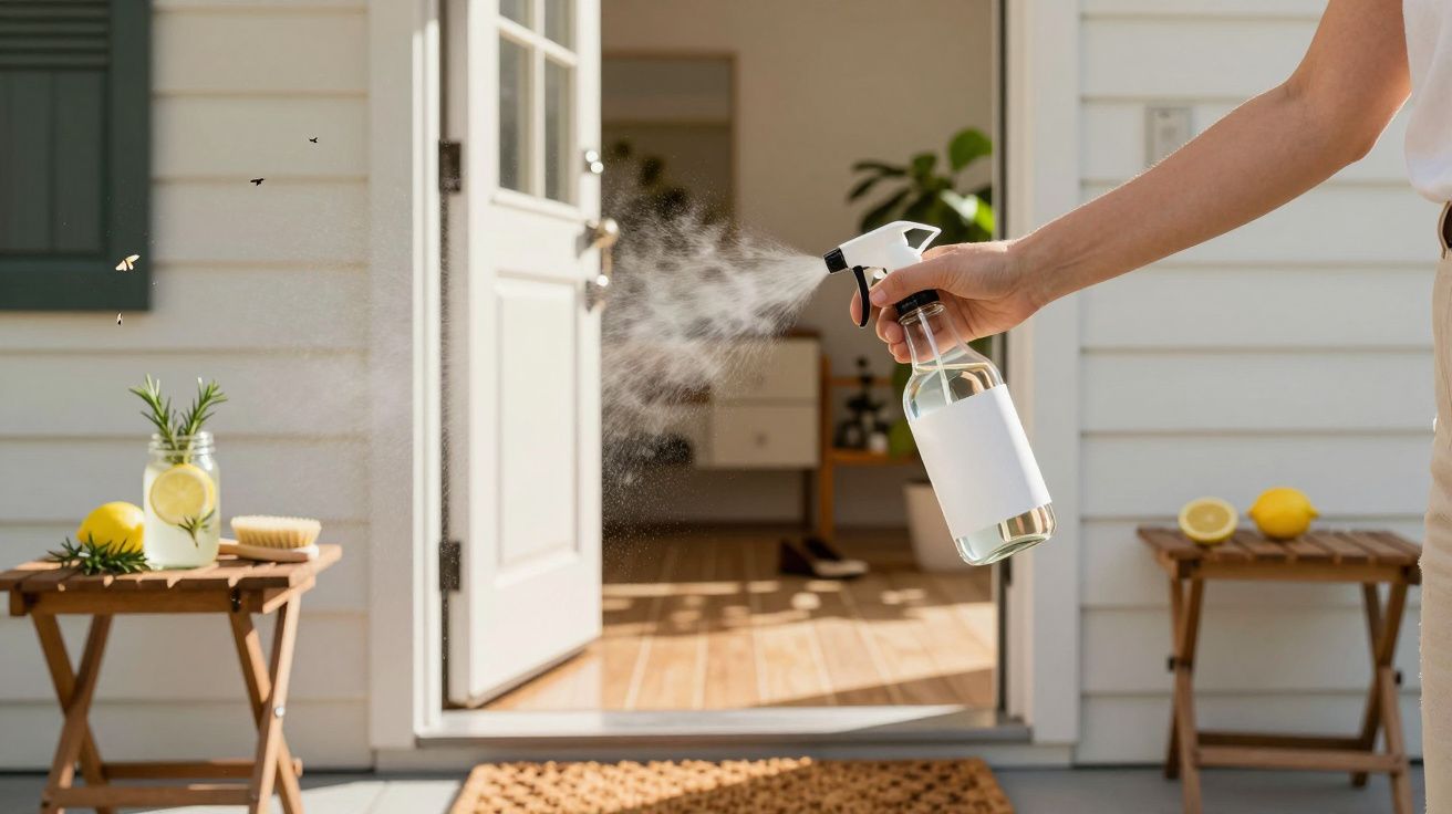 Hand spraying insect repellent from a bottle near an open door with flies and lemons on tables nearby.