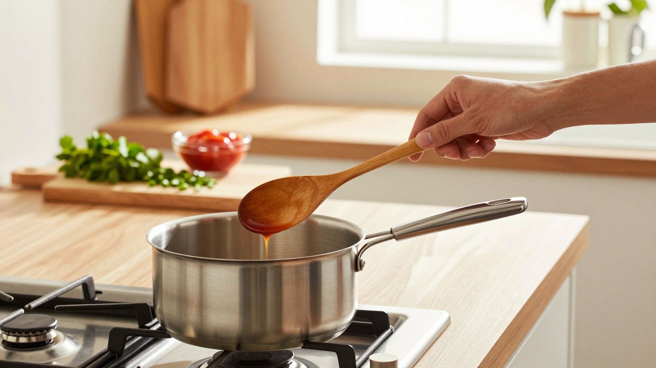 Hand holding wooden spoon stirring sauce in stainless steel saucepan on modern gas stove in kitchen.