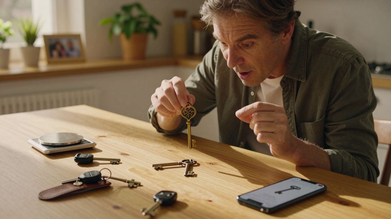 Man examining a vintage key at a wooden table with several keys and a smartphone displaying a key image.