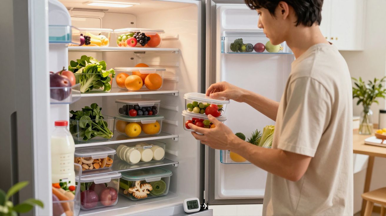 Person organising fresh fruits and vegetables stored in transparent containers inside a well-stocked fridge.