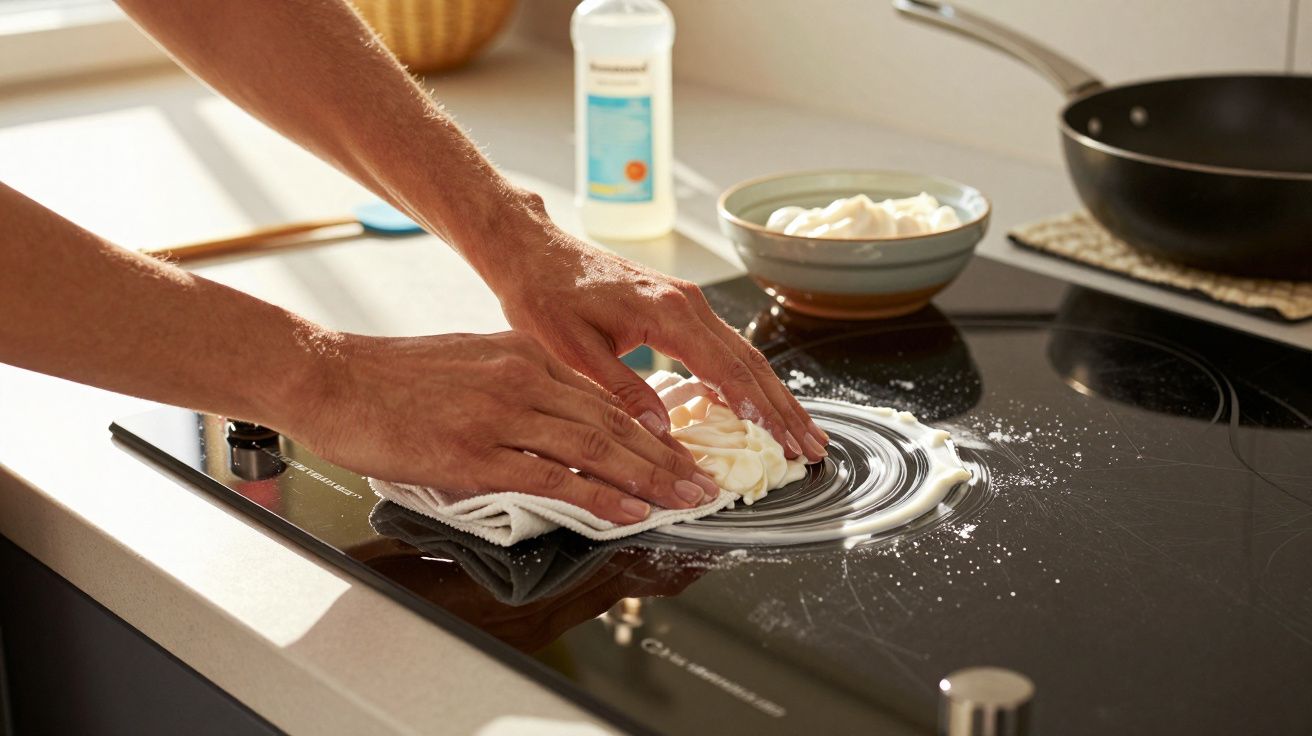 Hands cleaning a black glass stovetop with cream cleaner using a white cloth in a kitchen.