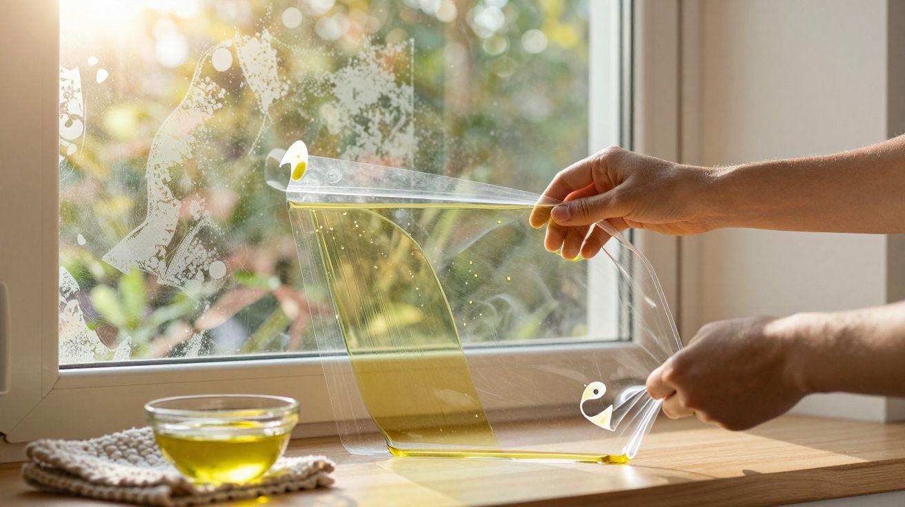Hands peeling off a yellow-tinted protective film from a window with a bowl of green liquid nearby.