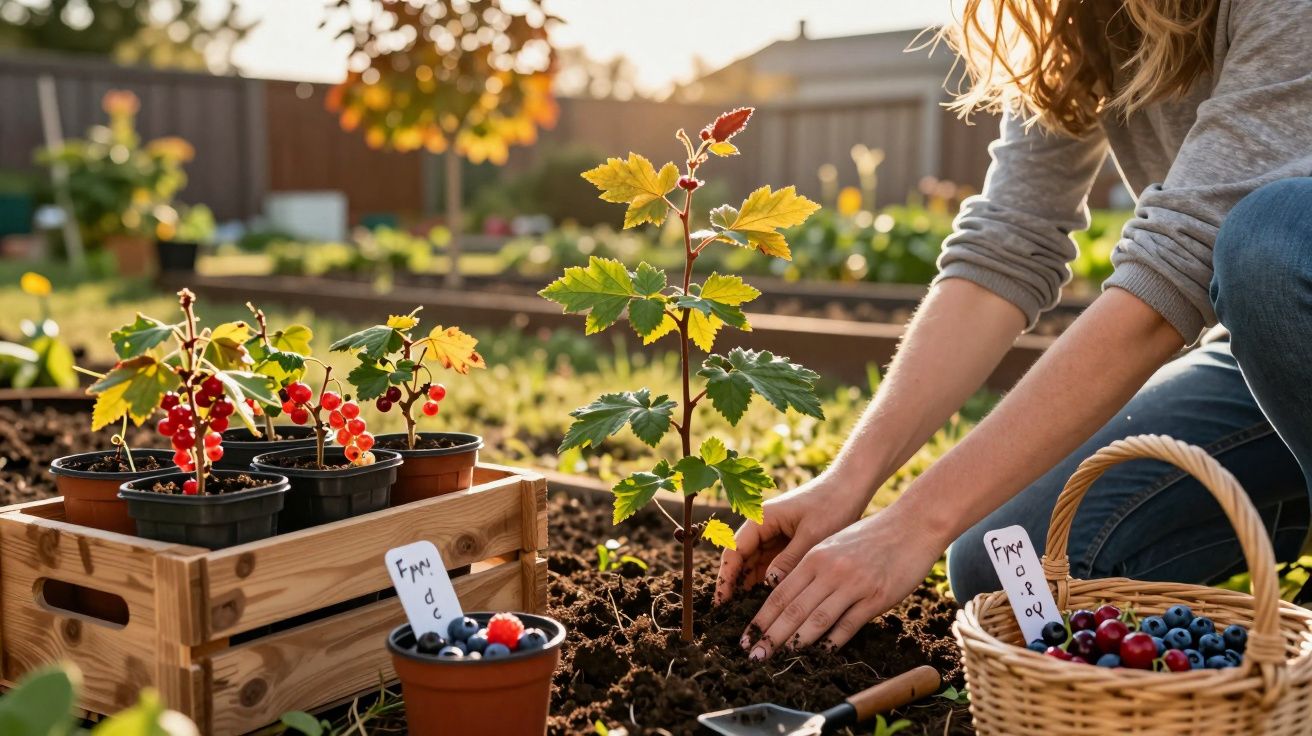 Person planting a young currant bush in a garden bed surrounded by baskets of berries and potted plants.