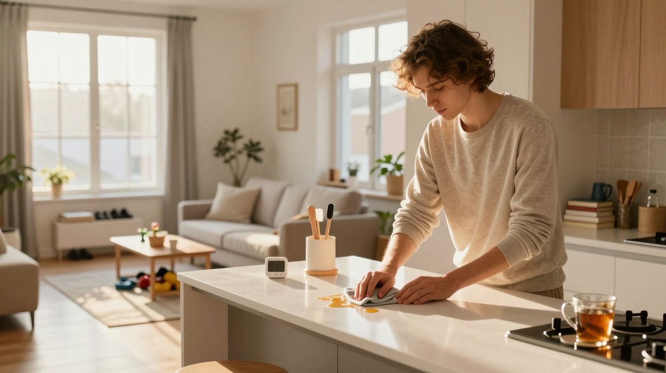 Young person cleaning yellow liquid spill on kitchen counter in a bright, modern living space.