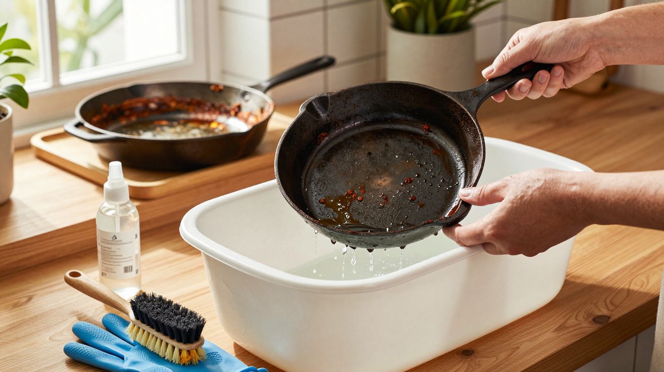 Hands washing a greasy cast iron pan over a white basin on a wooden countertop near cleaning supplies.