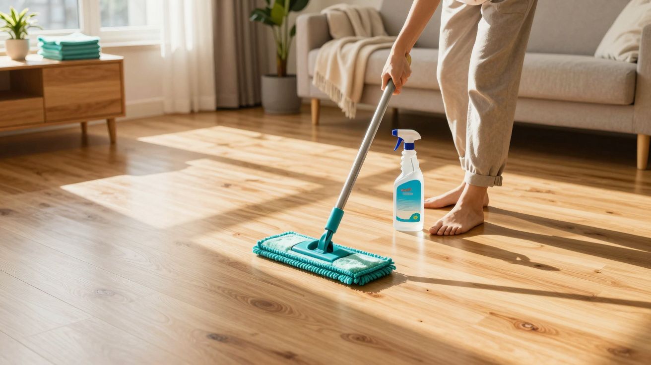 Person mopping wooden floor with spray cleaner in bright living room beside sofa and table.