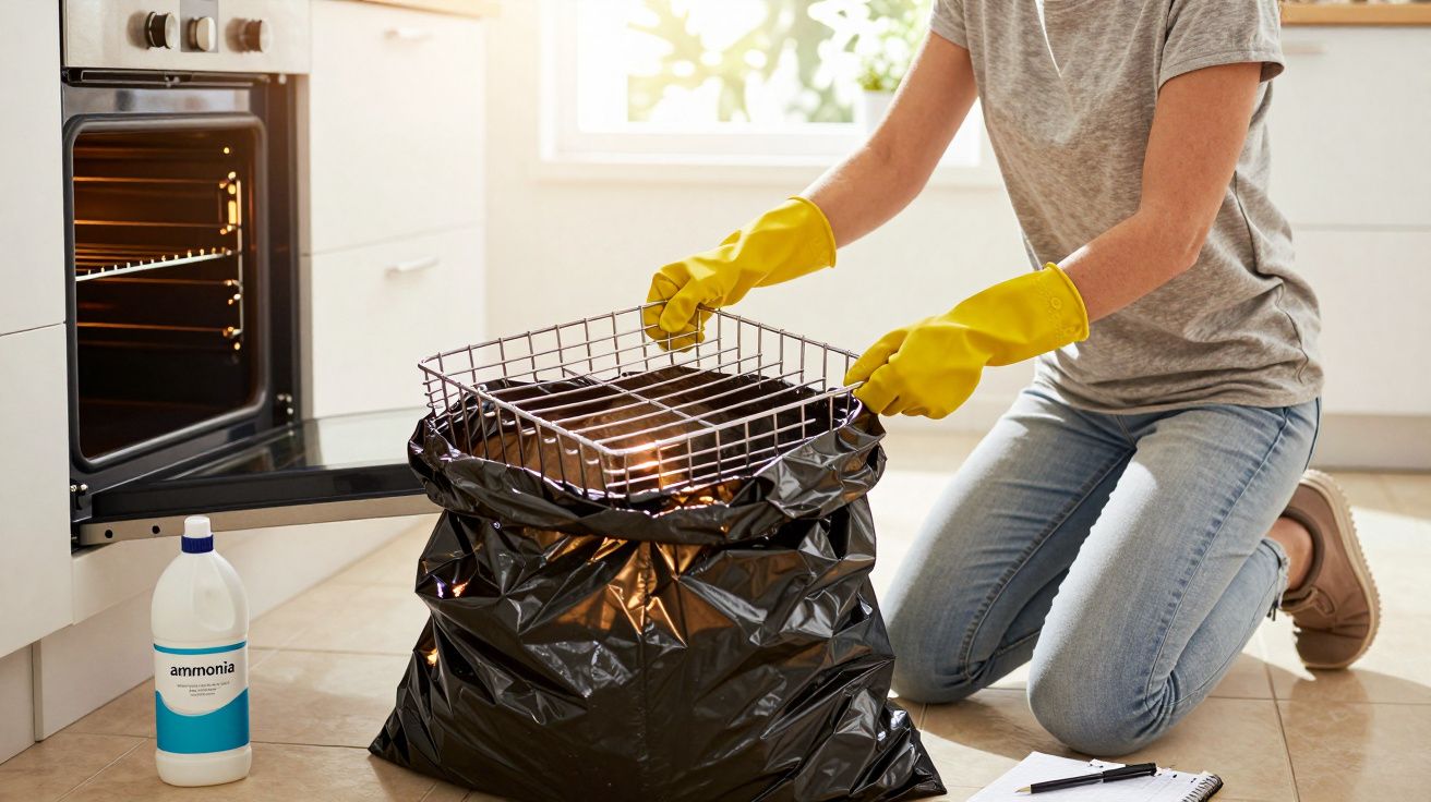 Person wearing yellow gloves removing a dirty oven rack and placing it into a black bin bag next to ammonia cleaner.