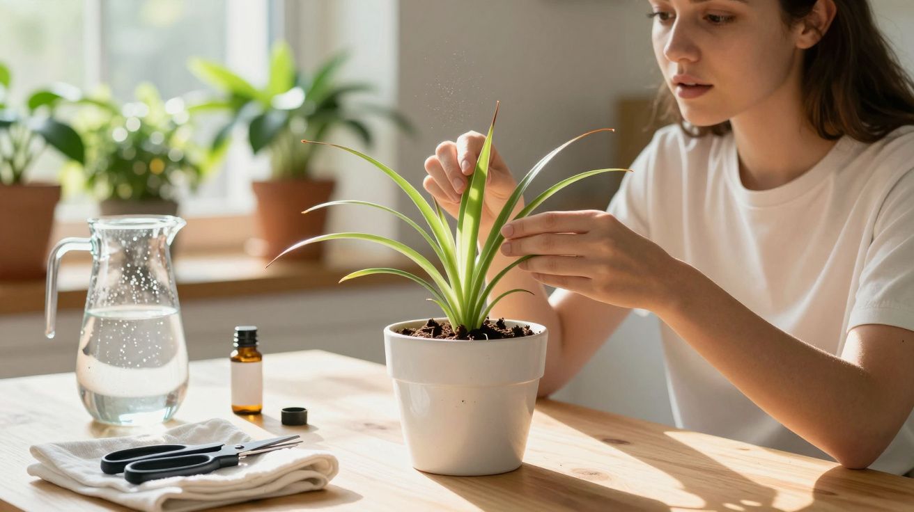 Woman caring for a potted spider plant on a wooden table with scissors, essential oil, and water jug nearby.