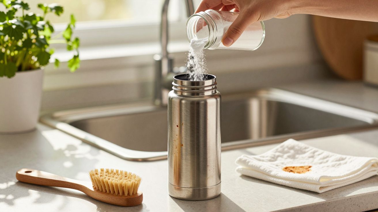 Hand pouring powder from a small glass jar into a stainless steel water bottle on a kitchen countertop.