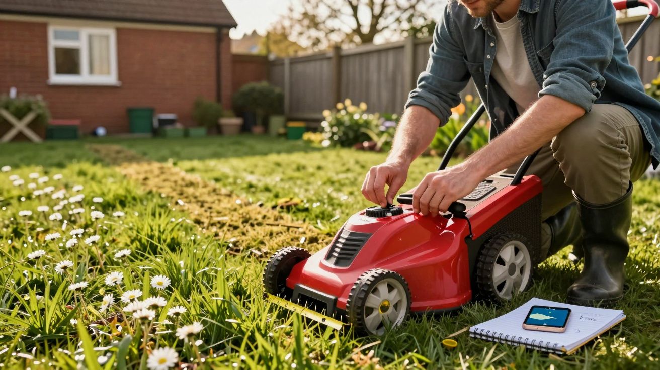 Person adjusting settings on a red lawn mower in a garden with daisies and a notebook nearby.