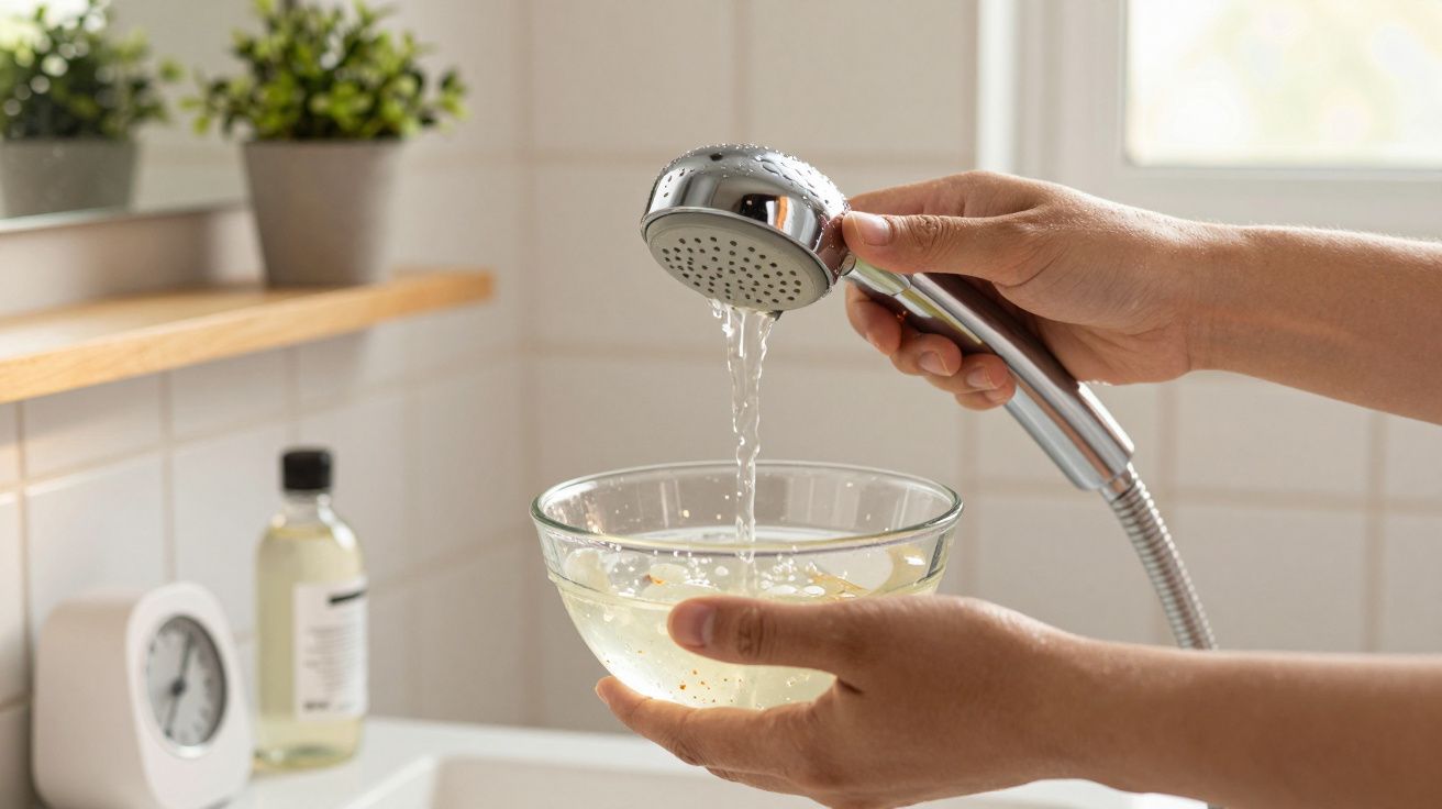 Hands rinsing a glass bowl with water from a handheld shower in a bright, tiled kitchen sink area.