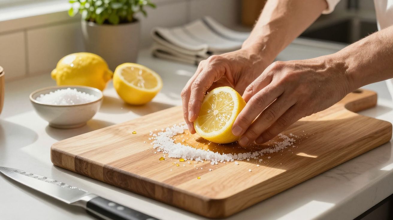 Hands rubbing a halved lemon on coarse salt on a wooden chopping board in a bright kitchen.