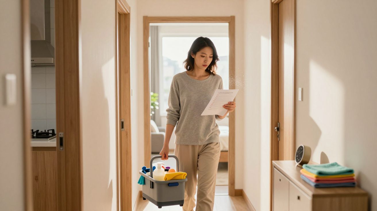 Woman walking indoors carrying cleaning supplies and reading a document in a brightly lit modern home hallway.