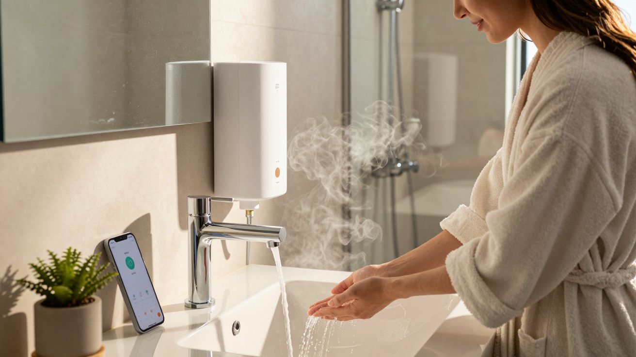 Woman in a bathrobe washing hands with steaming hot water from a modern faucet in a bright bathroom.