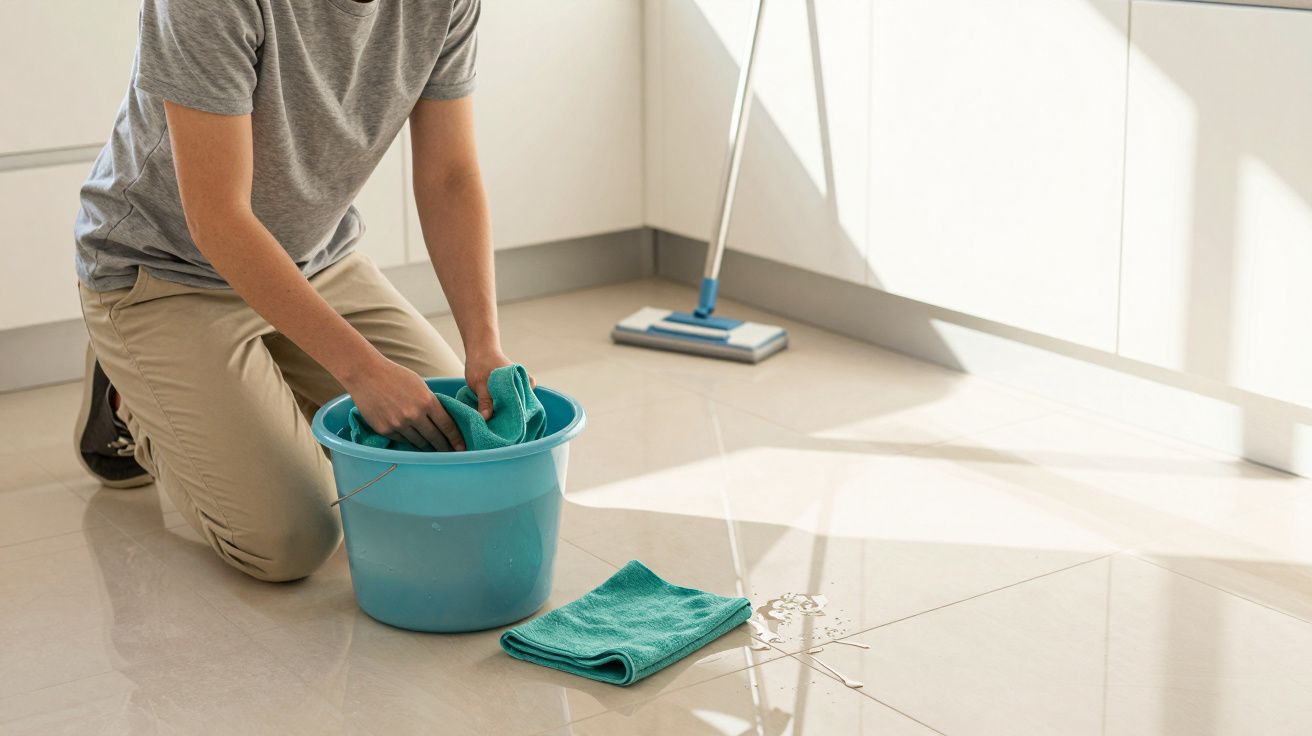 Person kneeling on tiled kitchen floor wringing out a blue cloth over a blue bucket with a mop in the background