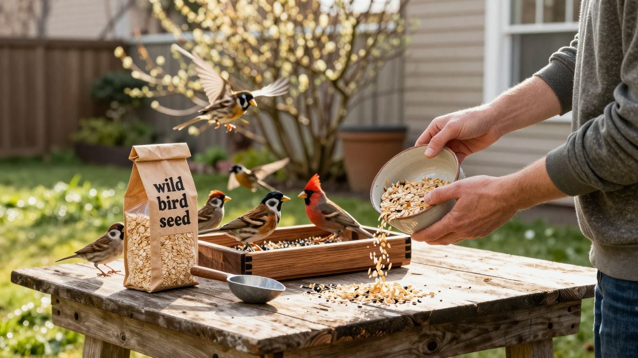 Person feeding wild birds with seeds from a bowl on a wooden table in a garden setting.