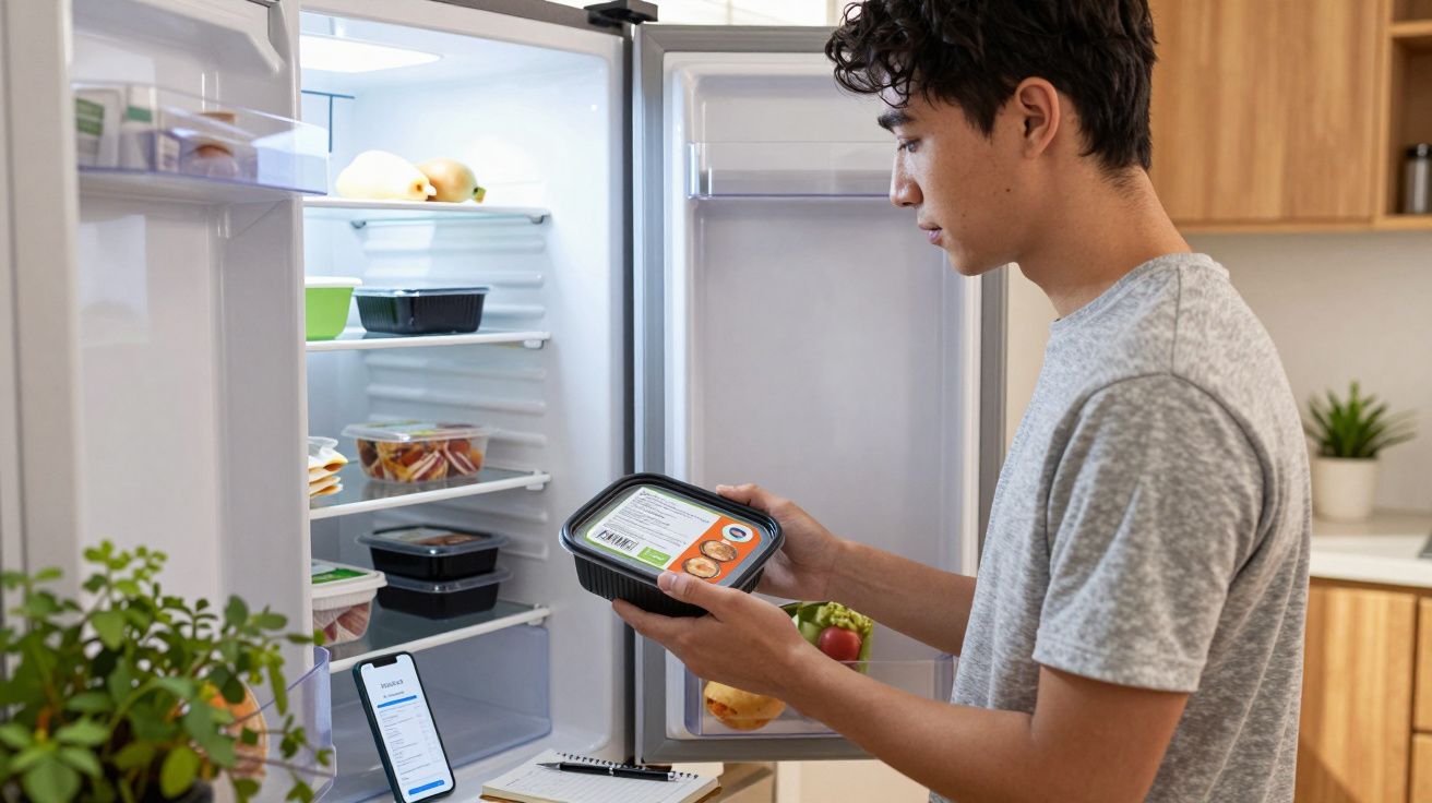 Young man reading food label from a plastic container in an open fridge with a phone placed inside.