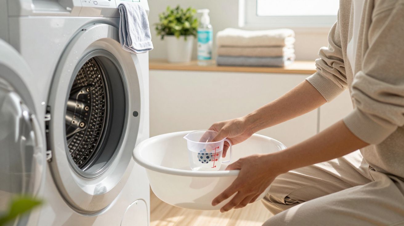 Person holding a white basin and measuring cup, preparing to add detergent to a front-loading washing machine.