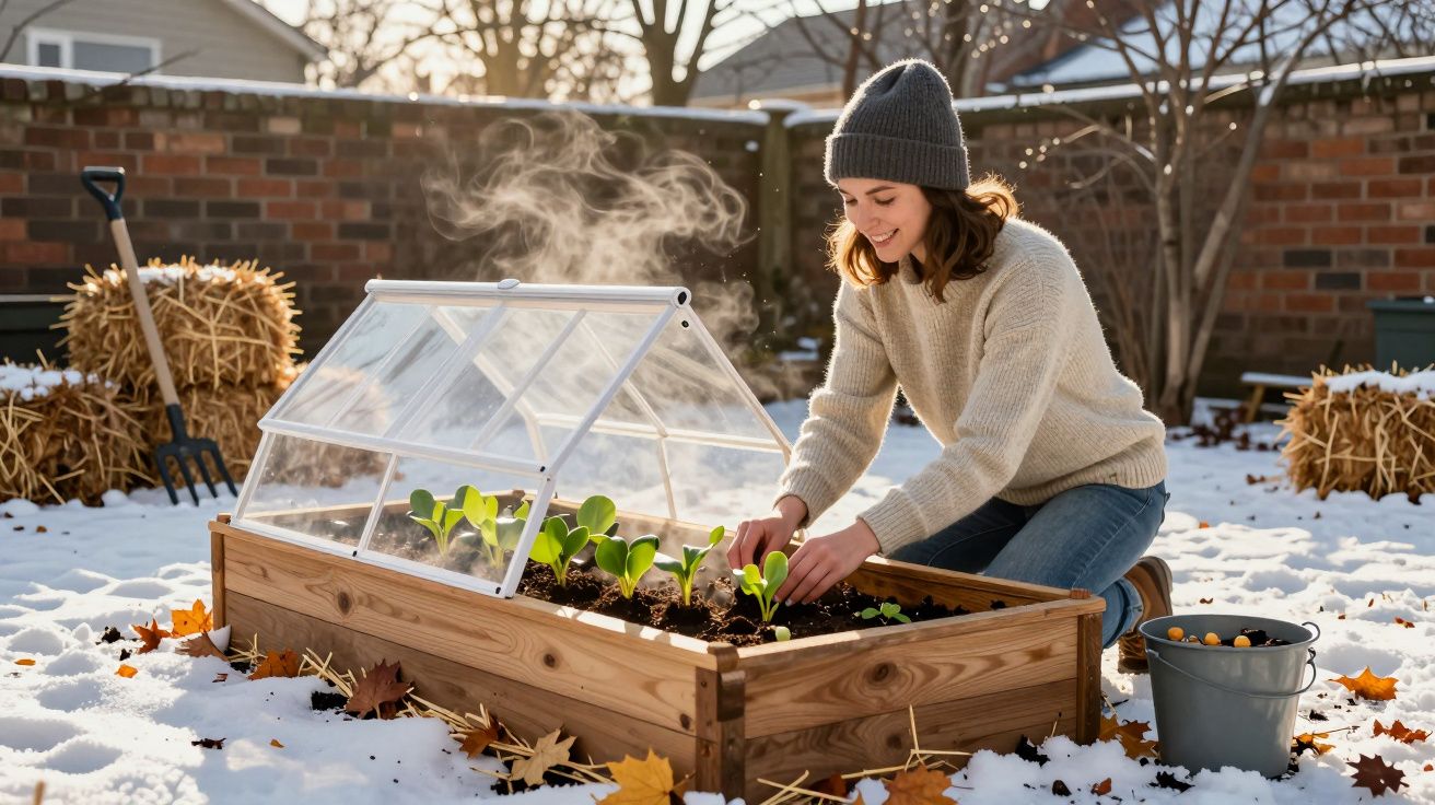 Woman gardening in a cold frame on snow-covered ground, wearing a beanie and warm clothes on a sunny winter day.
