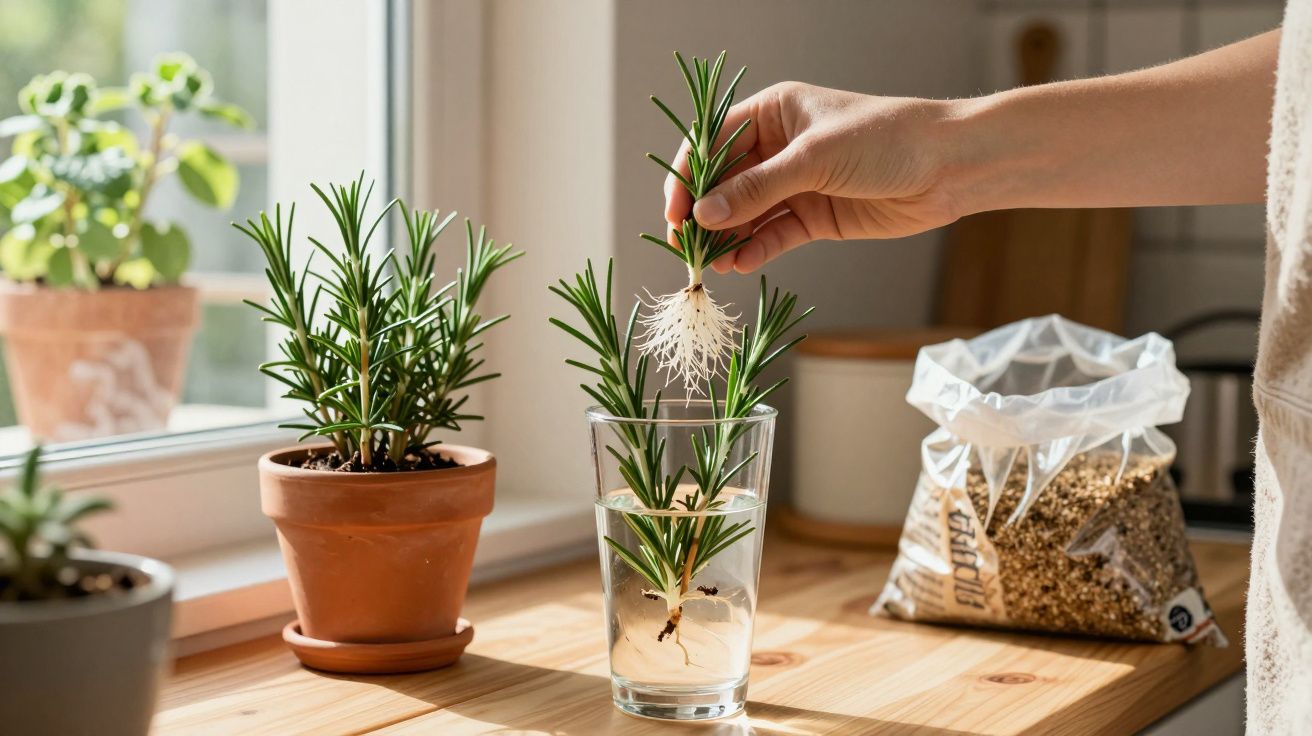 Hand holding rosemary cutting with roots above glass of water on wooden table near potted plants and seeds.