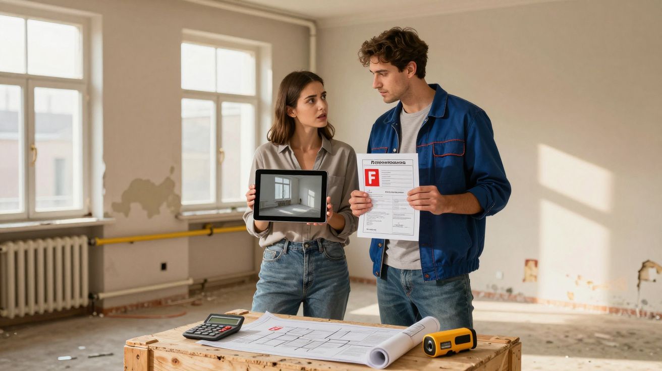 Young couple discussing poor energy efficiency rating in a rundown, unfurnished room with renovation tools on table.