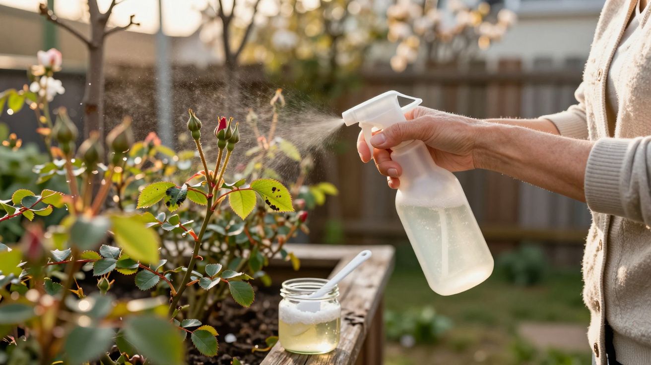 Person spraying liquid from a bottle onto rose plant leaves in a garden during daylight.