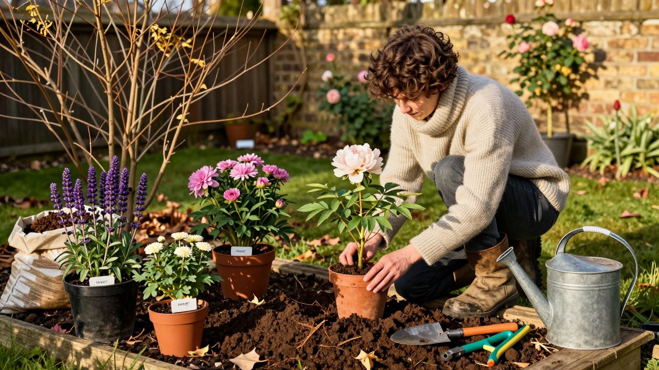 Person planting a flowering plant in a garden bed surrounded by potted flowers and gardening tools.
