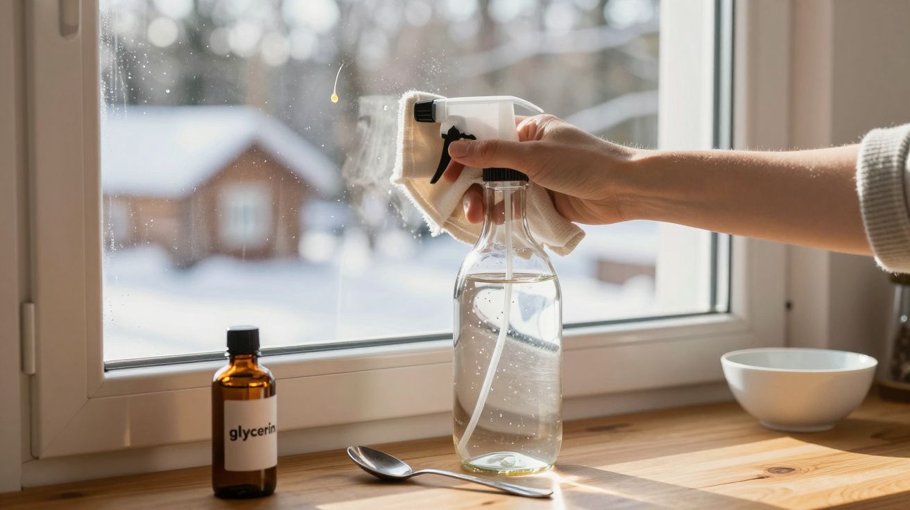 Hand spraying cleaning solution on window with spray bottle, glycerin bottle, spoon, and bowl on wooden sill.