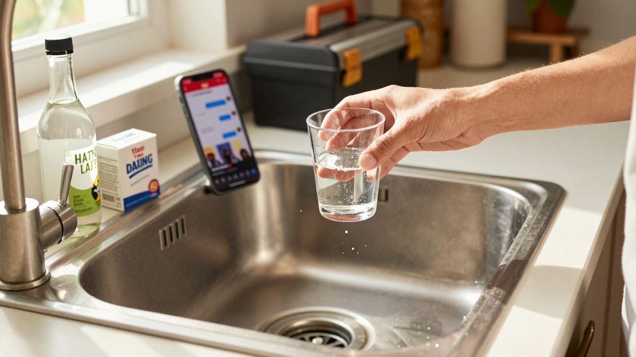 Hand holding a glass of water above a kitchen sink with a phone and cleaning supplies in the background.