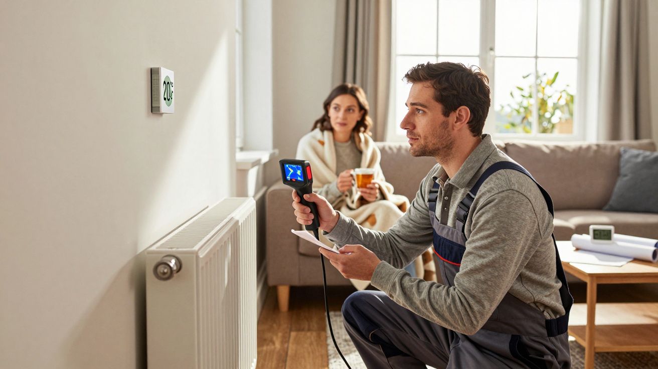 Technician using thermal camera to inspect radiator while a woman watches holding a cup in a living room.