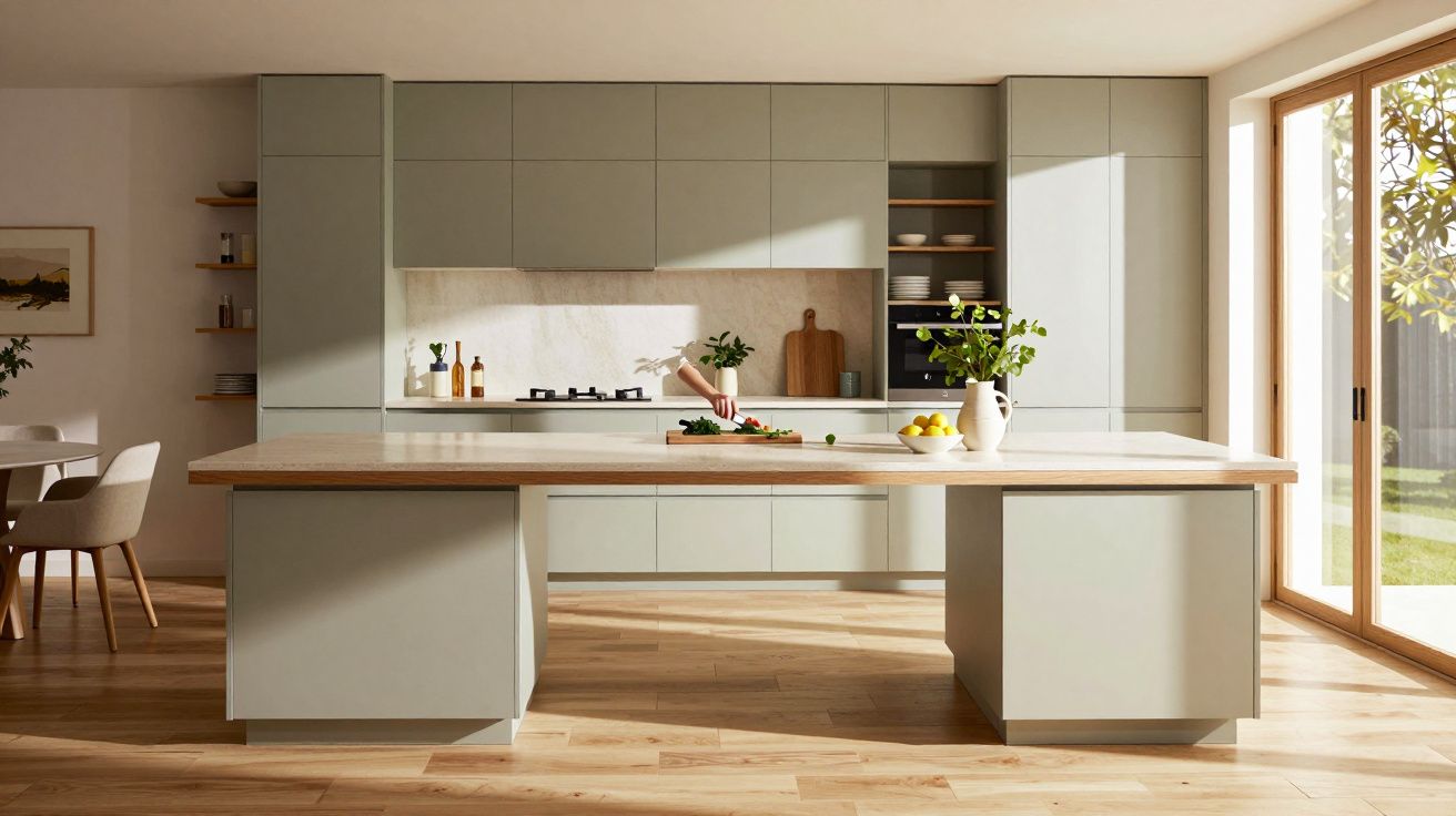 Modern kitchen with beige cabinets, wooden island, large window, and natural light illuminating the space.