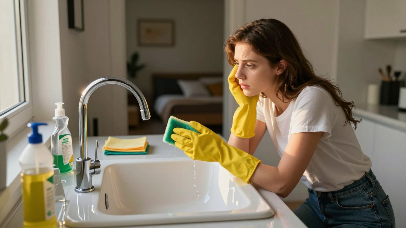 Woman wearing yellow gloves looking tired while cleaning a kitchen sink with a sponge by the window.