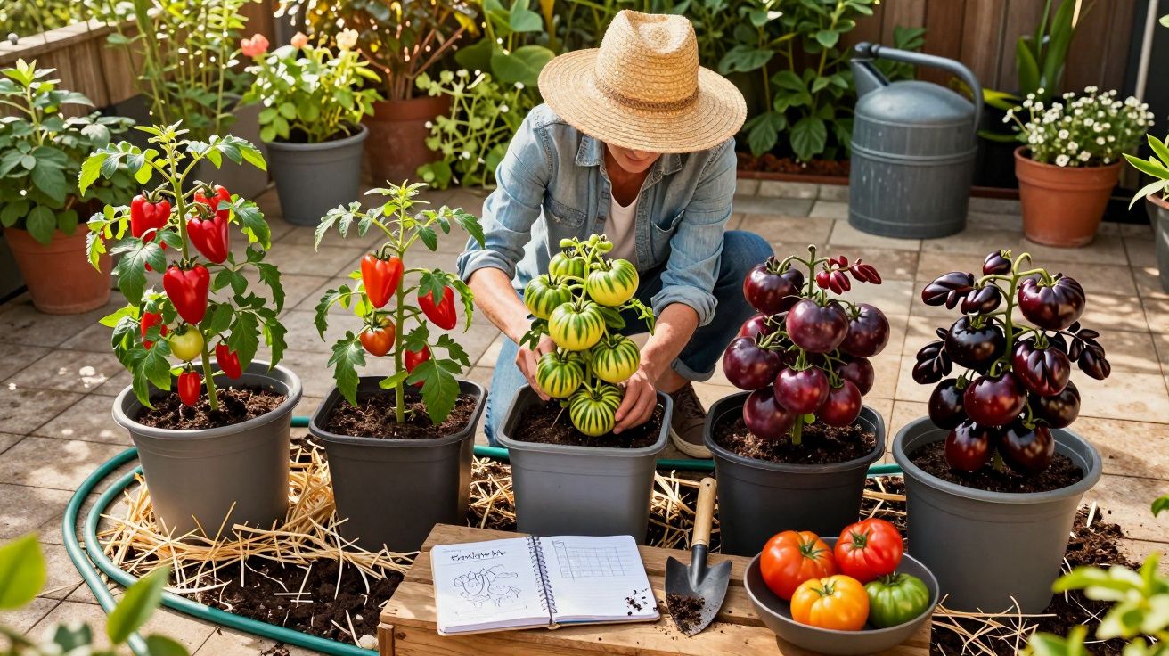 Person wearing a straw hat tending to potted tomato plants with ripe and green tomatoes on a patio garden.
