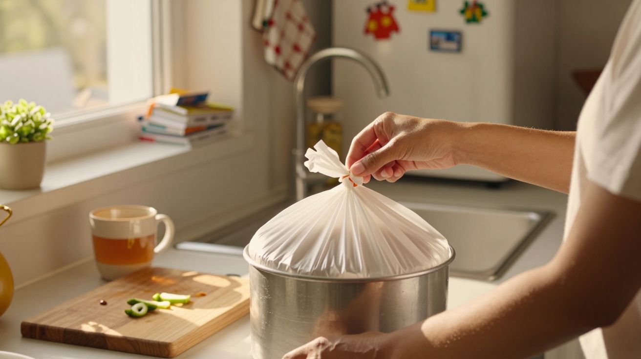 Person tying a white plastic bag closed above a metal kitchen bin on a sunlit countertop.