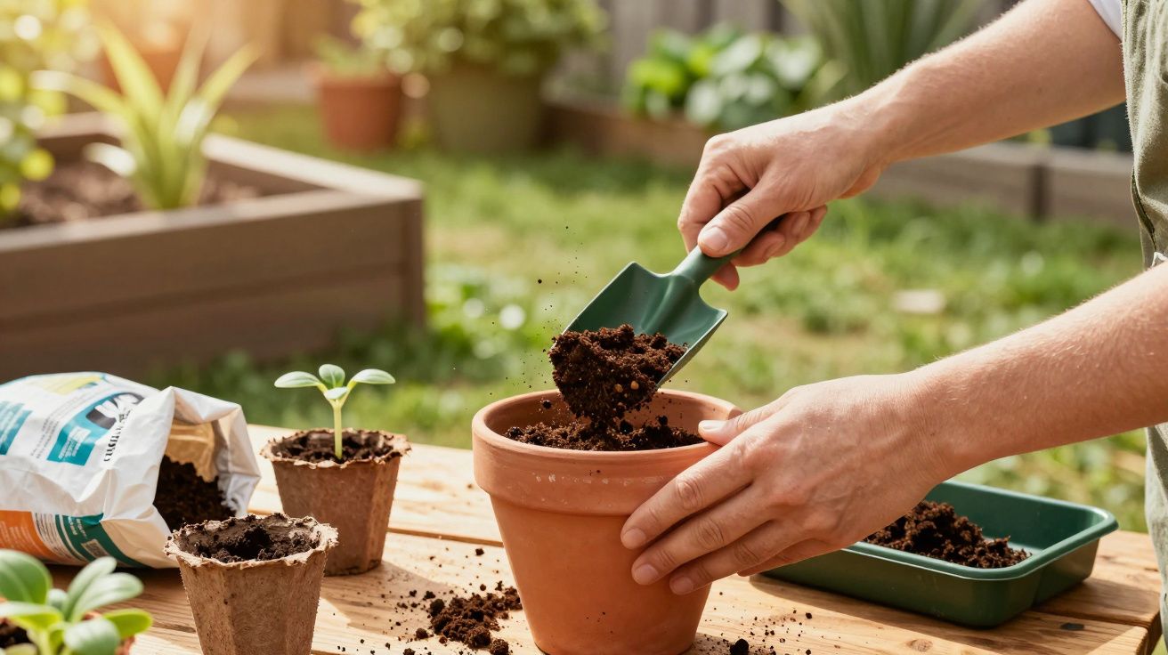 Person planting seedlings in a terracotta pot using a small green garden trowel outdoors on a wooden table.