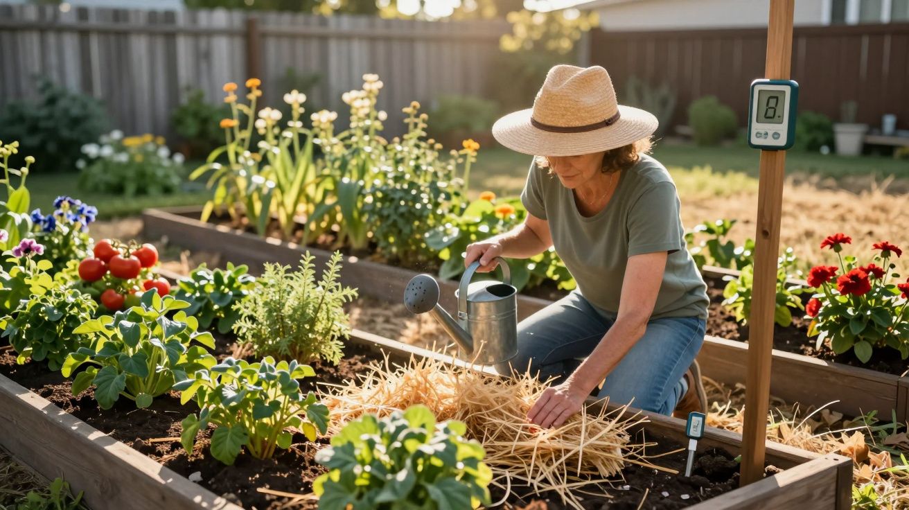 Person wearing a straw hat watering plants in a raised garden bed with flowers and vegetables in sunlight.