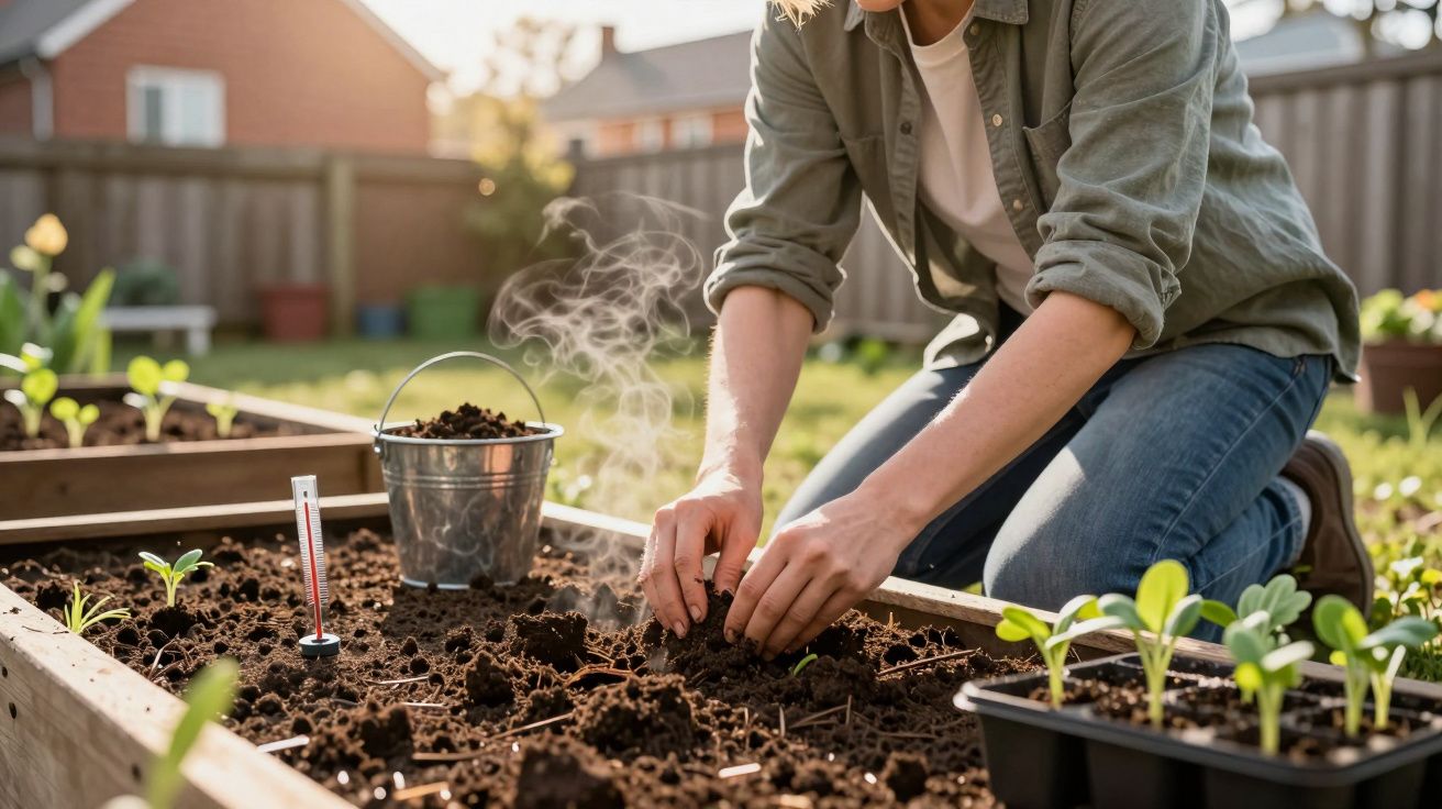 Person kneeling in a garden planting seedlings in raised soil bed with a metal bucket and soil thermometer nearby.