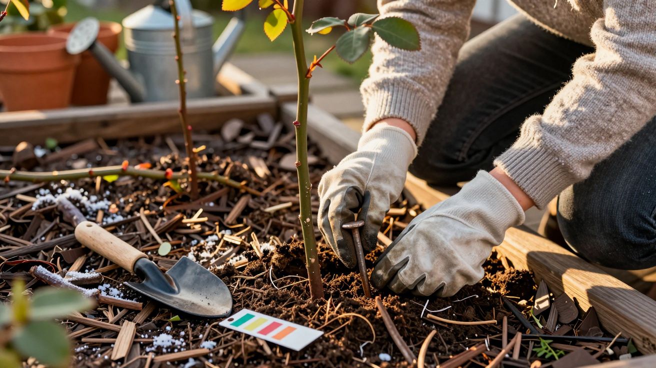 Person wearing gloves planting a rose bush in a garden bed with gardening tools nearby.