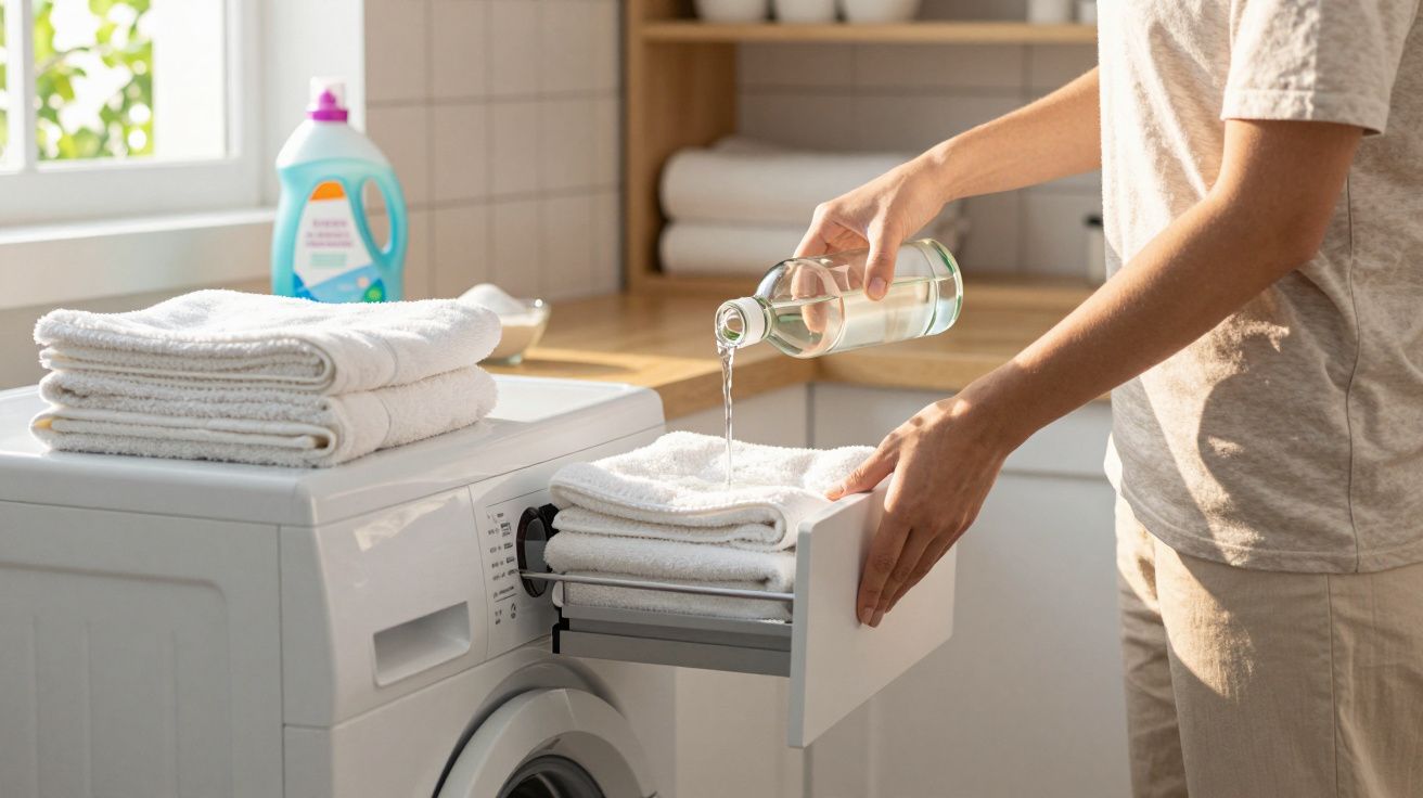Person pouring liquid detergent onto folded white towels from a glass bottle beside a washing machine in a bright laundry roo